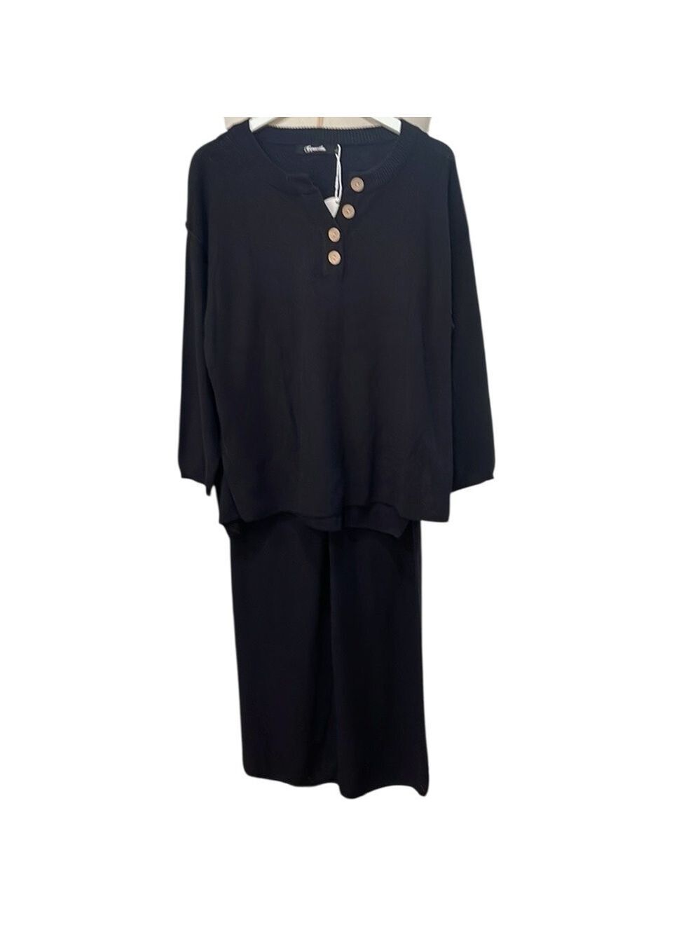NWT Caracilia 2pc Waffle Knit Set Henley Tunic Top Wide Leg Pants SZ L Black - Picture 4 of 10